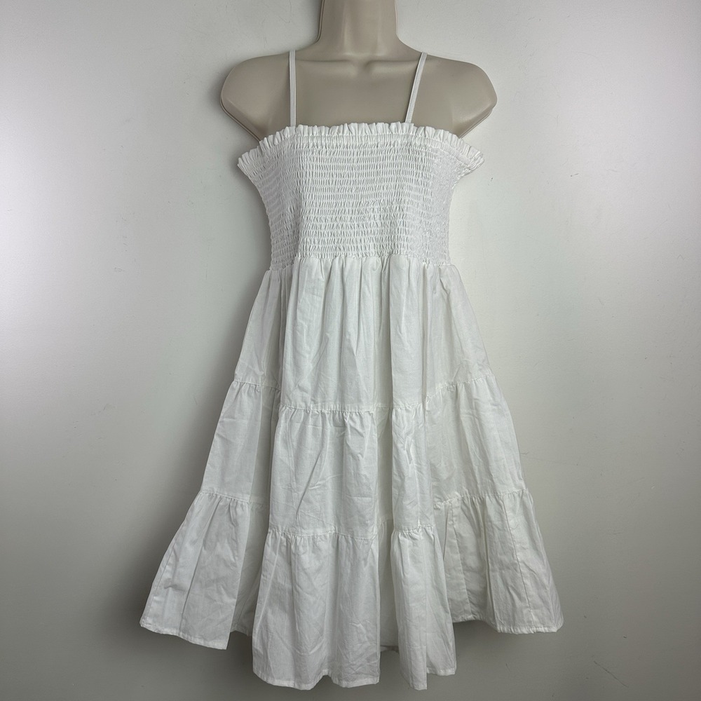 Angie Women's Tiered Mini Dress White Size Large Cotton Smocked Cottage NWT
